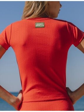 DAILY DRILLS SOLD OUT WOMENS POINTELLE RED BABY TEE SHIRT TOP BOW MEDIUM/LARGE